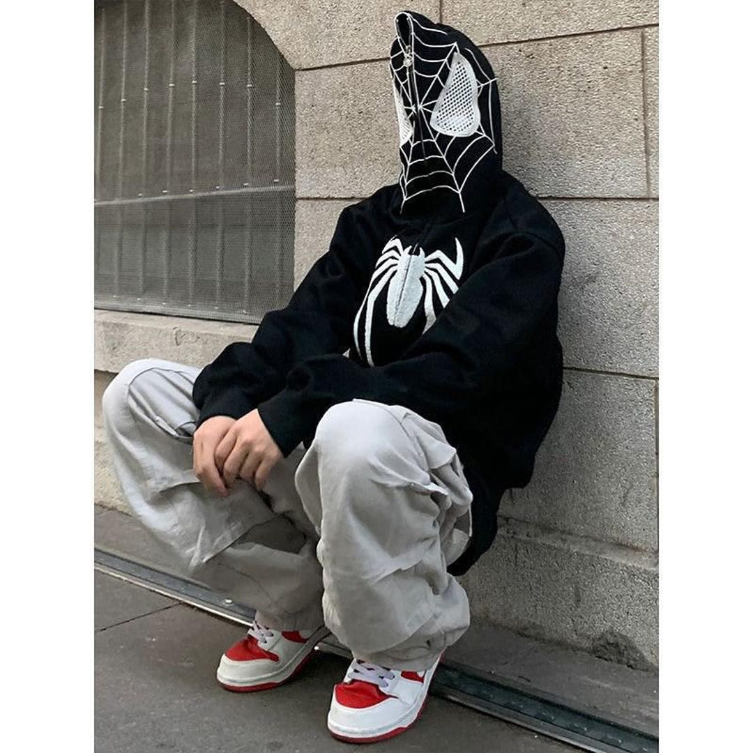 Spider Web Full Face Zip Hoodie: Embroidered Cosplay Streetwear - Etsy