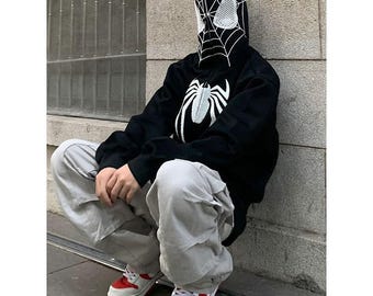 Spinnenweb hoodie met ritssluiting: geborduurde cosplay streetwear