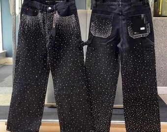 Shine in Every Step – Luxury Black Rhinestone Jeans for Streetwear