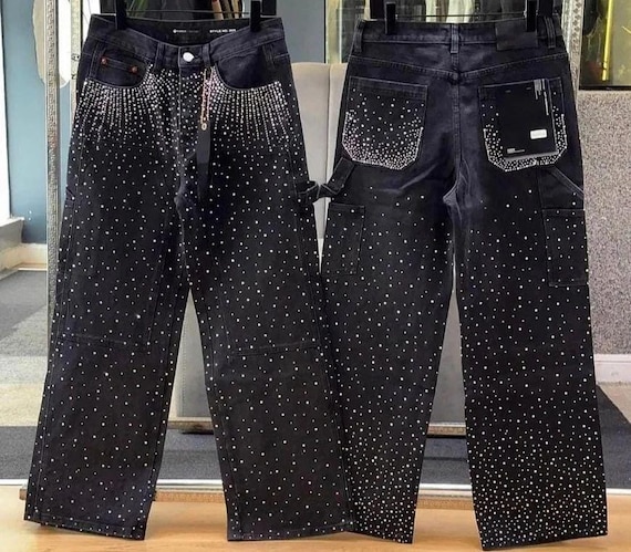 Shine in Every Step – Luxury Black Rhinestone Jeans for Streetwear