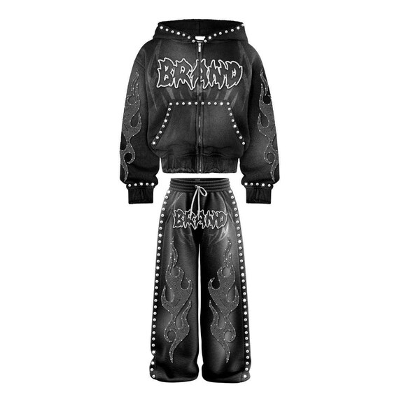 Rhinestone Flame Tracksuit Set: Y2K Hoodie & Wide-leg Pants - Etsy