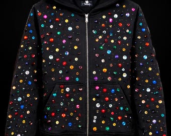 Black Rhinestone Zip Hoodie | Crystal Studded Hoodie | Sparkle