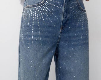 Vaqueros anchos con cristales brillantes de Fit Loyal: vaqueros azules con cristales brillantes, ropa de calle para festivales.