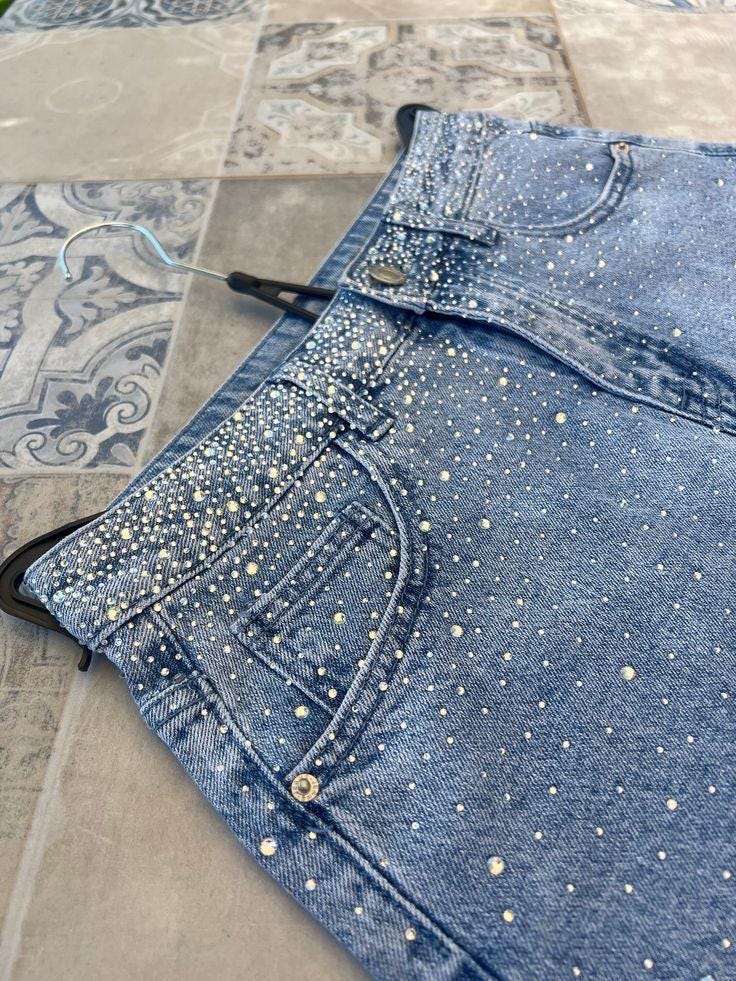 Blue Rhinestone Wide-leg Jeans – Sparkly Crystal Studded Denim Pants ...