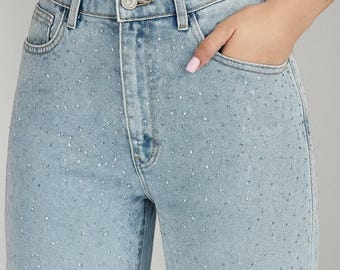 Light Blue Rhinestone Jeans: Sparkly High-Waist Denim