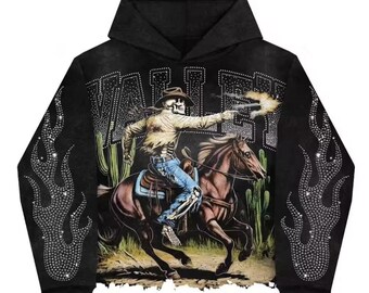 Cowboyskelethoodie – grafische westerntrui met strass-vlammen