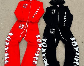 Rhinestone Tracksuit Set: Red & Black Y2K Hip Hop Loungewear