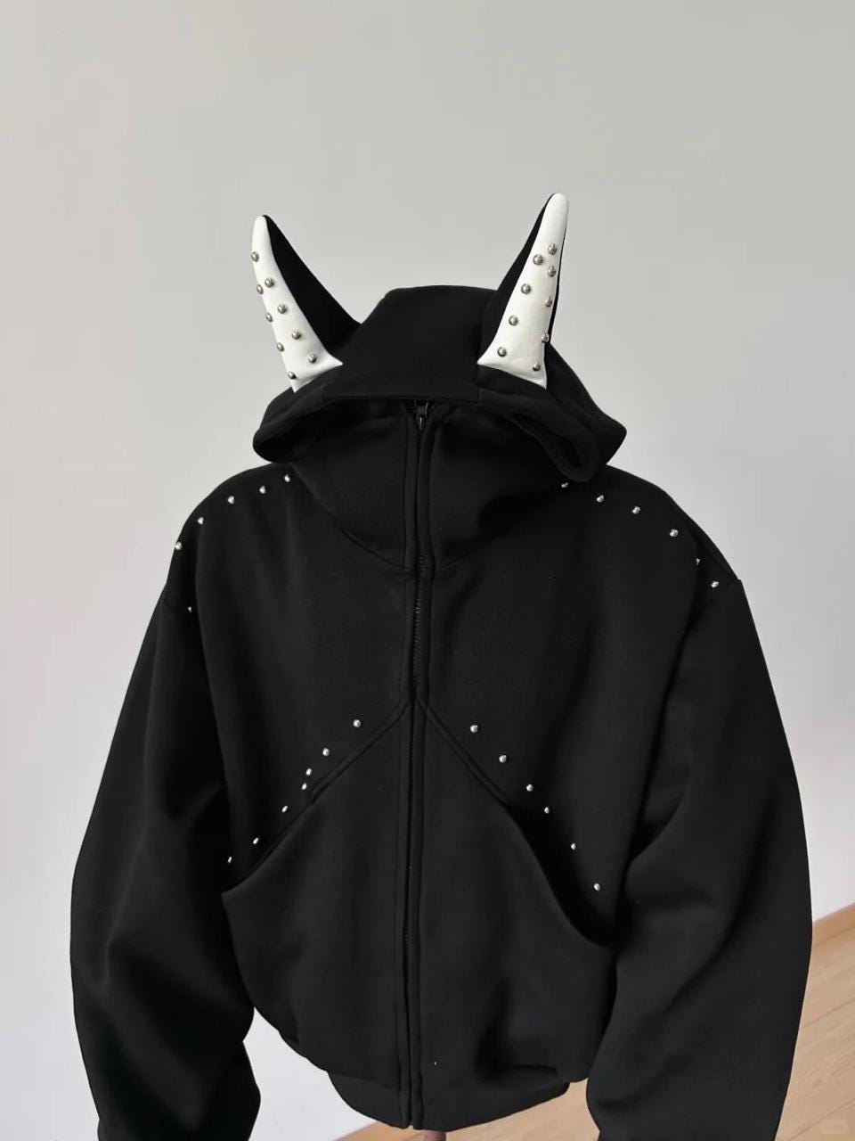 Devil Horn Hoodie – Gothic Black Zip up Jacket With Studded Spikes