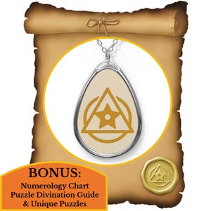 May include: A silver pendant with a cream-colored oval center featuring a gold star and triangle design. The pendant hangs from a silver chain. The image includes a scroll and a bonus offer for a numerology chart and puzzles.