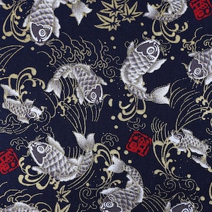 May include: Dark navy fabric with a repeating pattern of koi fish in shades of gray and white. The design includes gold swirls, maple leaves, and red Japanese characters. A traditional Japanese textile.