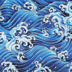 May include: A close-up of a fabric with a repeating pattern of stylized ocean waves. The waves are depicted in shades of blue, with white crests and gold accents. The design evokes a sense of movement and fluidity.