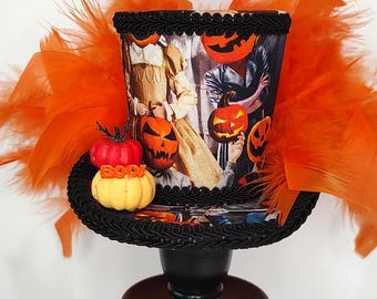 Halloween Mini Top Hat with Tiny Pumpkins - Spooky Pumpkin Fascinator - Headpiece with Orange Feathers - Cosplay - Steampunk -