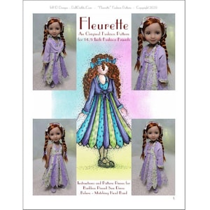May include: A page featuring a doll fashion pattern titled "Fleurette." The pattern includes instructions for a backless pieced sun dress, bolero, and matching head band. The image shows a doll wearing the outfit in various poses. The text reads "An Original Fashion Pattern for 14.5 Inch Fashion Friends."