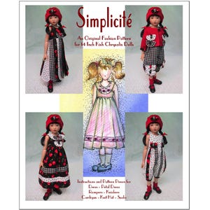 May include: A collage featuring a fashion pattern for 14-inch Kish Chrysalis dolls. The image includes dolls in various outfits, such as dresses, rompers, and a cardigan, with a red hat. The text "Simplicité" is displayed at the top.