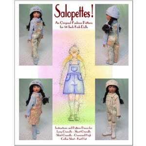 May include: An original fashion pattern for 14-inch Kish dolls, featuring overalls, a collar shirt, and a knit hat. The image includes illustrations and photos of the doll wearing the outfits. The text reads "Salopettes!" and lists the pattern pieces.