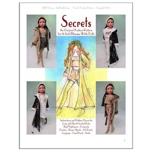 May include: A digital illustration of a fashion pattern for 16-inch dolls. The illustration shows a doll wearing a long robe with a hood, a camisole, and pants. The text "Secrets" is written in red at the top of the image.