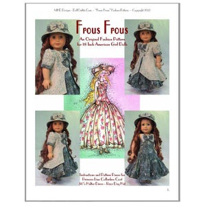 May include: A digital download pattern for a doll dress and coat. The pattern is for 18 inch American Girl dolls. The pattern includes instructions and pattern pieces for a princess line collarless coat, a 50's halter dress, and a race day hat.