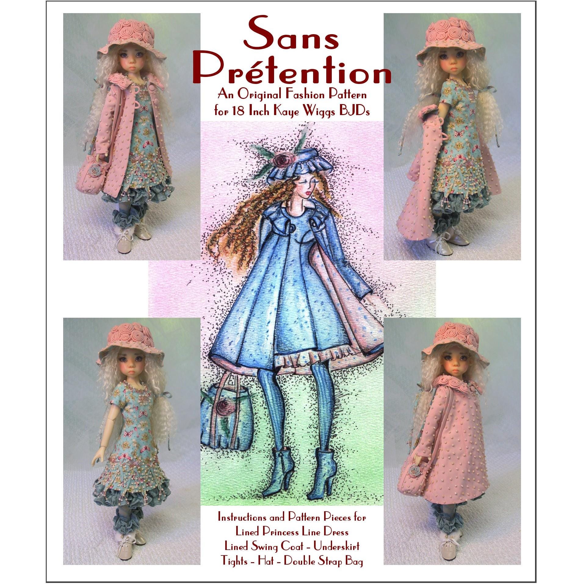 Magalie's "Sans Prétention" Fashion Pattern for 18 inch BJDs -Kaye Wiggs Dolls "No Pretensions" is a beautiful Princess Line Dress and More!
