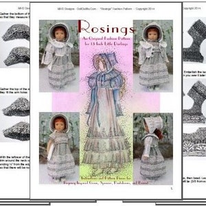 Puede incluir: Un patr&oacute;n de costura para un vestido de mu&ntilde;eca Rosings, con un vestido blanco con ribete de encaje y una chaqueta azul. El patr&oacute;n incluye instrucciones para hacer el vestido y la chaqueta, as&iacute; como una lista de los materiales necesarios.