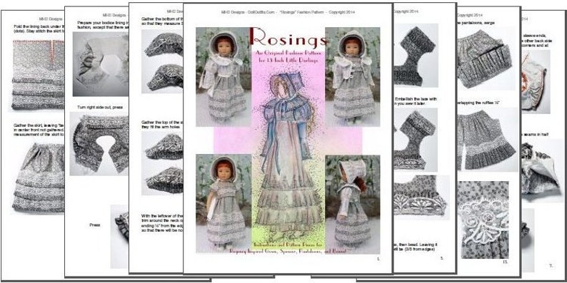 Puede incluir: Un patr&oacute;n de costura para un vestido de mu&ntilde;eca Rosings, con un vestido blanco con ribete de encaje y una chaqueta azul. El patr&oacute;n incluye instrucciones para hacer el vestido y la chaqueta, as&iacute; como una lista de los materiales necesarios.