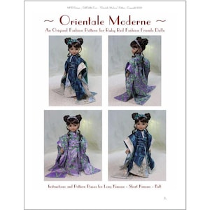 May include: A sewing pattern for a doll's kimono. The pattern includes instructions and pieces for a long kimono, a short kimono, and a belt. The pattern is illustrated with four images of dolls wearing the kimono.