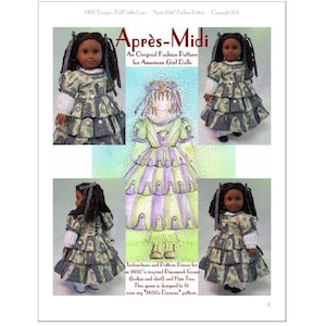 Puede incluir: Un patrón de moda original para muñecas American Girl, titulado "Après-Midi". La imagen presenta una muñeca con un vestido escalonado con un patrón verde y gris, ribete de encaje blanco y un gorro a juego. El patrón incluye instrucciones para un vestido de patchwork y cintas para el pelo.