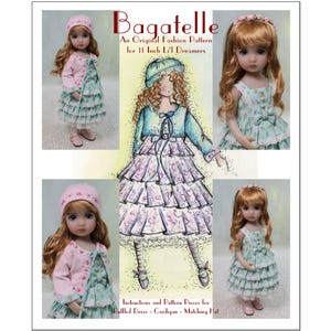 May include: An image featuring a fashion pattern for 11-inch Lil' Dreamers dolls. The design includes a ruffled dress, cardigan, and matching hat. The image shows the doll wearing the outfit in different poses, with the text "Bagatelle" at the top.