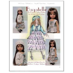Puede incluir: Una ilustración digital de una muñeca con un vestido con volantes, un cárdigan y un sombrero. La ilustración es para un patrón de costura para una muñeca de 33 cm. El texto "Bagatelle" está en la parte superior de la imagen.