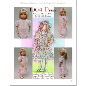 May include: A sewing pattern for a 1904-style dress for a 13-inch doll. The pattern includes instructions and pieces for a dropped waist dress with peplum, culottes, tights, and a head band.