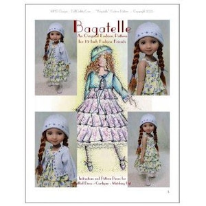 May include: A doll outfit pattern for 15 inch fashion dolls. The pattern includes a dress, cardigan, and hat. The dress is a tiered ruffle style with a floral print. The cardigan is a light blue color and the hat is a white beanie with a blue trim.