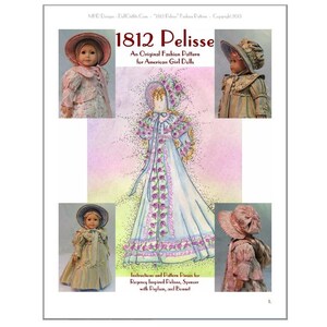 Könnte beinhalten: Ein digitaler Download-Schnittmuster für eine 1812 Pelisse, Spencer, Peplum und Bonnet für American Girl Puppen. Das Schnittmuster enthält Anleitungen und Schnittmusterteile für eine Regency-inspirierte Pelisse.