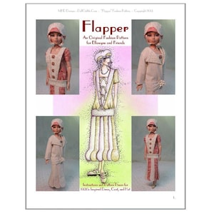 Könnte beinhalten: Ein digitales Download-Muster für ein flapper-Kleid, einen Mantel und einen Hut im Stil der 1920er Jahre. Das Muster ist für die Ellowyne-Puppe und ihre Freunde konzipiert. Das Bild zeigt eine Puppe, die das Kleid, den Mantel und den Hut trägt.