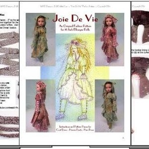 以下が含まれることがあります： 人形の服の作り方の説明が書かれたページが並んでいます。様々な衣装を着た人形のイラストと、詳細な縫製指示と図が掲載されています。テキストには「Joie De Vie」というタイトルと、人形のファッションを作るための指示が含まれています。