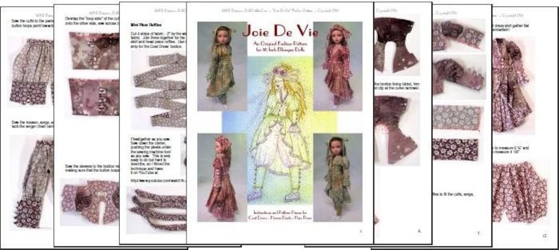 以下が含まれることがあります： 人形の服の作り方の説明が書かれたページが並んでいます。様々な衣装を着た人形のイラストと、詳細な縫製指示と図が掲載されています。テキストには「Joie De Vie」というタイトルと、人形のファッションを作るための指示が含まれています。