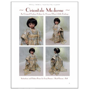 Puede incluir: Una página con cuatro imágenes de una muñeca con un kimono dorado con estampado floral. El texto "Orientale Moderne" y "An Original Fashion Pattern for Dianna Effner's Little Darlings" son visibles. Instrucciones para kimono.