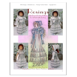 Puede incluir: Un patrón de costura para una muñeca de 33 cm, que incluye un vestido, un spencer, pantalones y un gorro de inspiración Regency. El patrón incluye instrucciones y piezas para cada prenda. El patrón está ilustrado con cuatro muñecas que llevan las diferentes prendas.