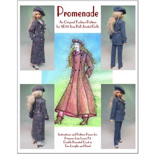 May include: An image featuring a fashion pattern for SD13 size ball-jointed dolls. The pattern includes instructions for a double-breasted coat in two lengths and a beret. The image shows the coat in blue and pink, with the word "Promenade" at the top.