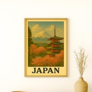 Mount Fuji Japan Travel Poster | Vintage Cherry Blossom Wall Art Print | Retro Pagoda Landscape Decor | Japanese Scenic Gift