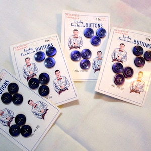 Fab Retro Vintage Original, sin usar MENS' Indigo/Cobalt Blue BUTTON CARDS con 6 botones de plástico - Antique - New Old Stock