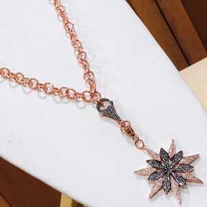 Stunning Micro Pave ROSE Gold & Black PAVE STARBURST Pendant w/Black/Rose Gold Pave Clasp, Diamond Cut Rose Gold Chain, Rose Gold Pave Charm