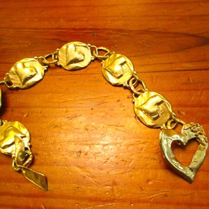 All Heart: Exquisite OOAK Artisan Gold/Bronze Embossed Rustic HEART LINKS Bracelet & W/Fabulous Embossed Heart Toggle Clasp