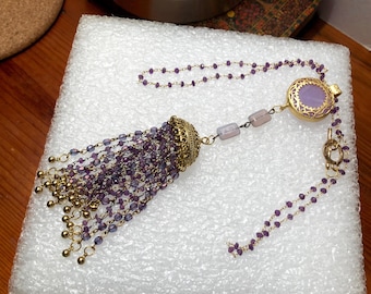 Spellbinding AMETHYST Pendant w/Fancy 24K Gold Plate Bezel on Genuine Amethyst Rosary Chain w/Turkish Bead Cap & Amethyst TASSELS/Toggle