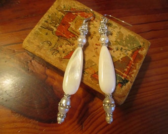 Beaming WHITE Genuine Freshwater PEARLS w/Mother of Pearl TEARDROP, Swarovski Crystals & Sterling Silver Accents Pierced Dangle Earrings