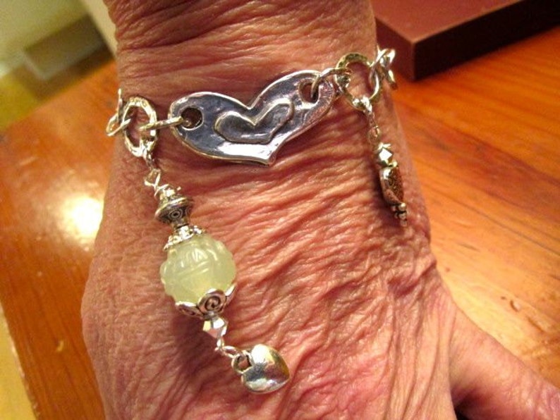Crystal /& Heart Toggle 5 Dangle Charms of Sterling Carved JADE OOAK Embossed Artisan Sterling Silver Charm Bracelet: Heart Focal PERIDOT