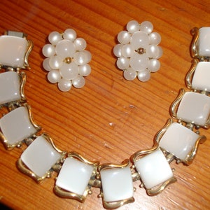 Lustrous Signed CORO Lucite Thermoset MOONGLOW WHITE Bracelet & Clip-On Earrings