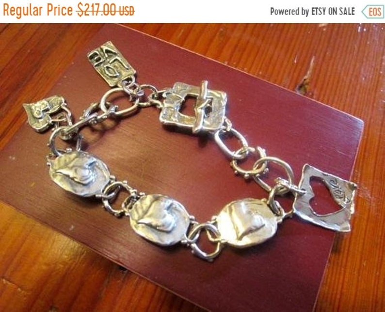 3-Heart Focal Plaque Majestic All Embossed STERLING Silver Artisan 3-HEART Dangle Charms Heart Toggle Clasp OOAK Charm Bracelet