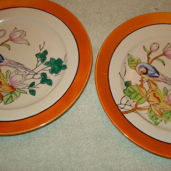 SALE 3.00 Off -- TWO 1940's Vintage Mid Century Lustreware Plates With Birds - Beautiful
