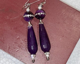 Lavish 2 1/8" Long PURPLE JADE Pierced TEARDROP Earrings w/Marbled Purple Rounds & Channel Set Rhinestones, Cz Rondelles, Silver Accents