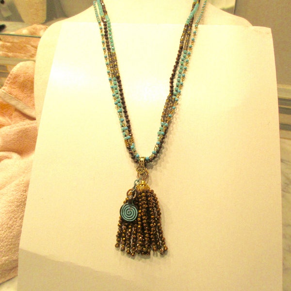 Great 3-Strand Hand-Knotted TURQUOISE & Bronze Crystal and Turquoise Rosary Chain Necklace w/MYKONOS Charms, Gold/Bronze TASSEL