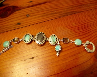 Glorious Genuine TURQUOISE, LABRADORITE, STERLING Focal w/Gray Crystal & Turquoise Links, Artisan Sterling Toggle, Turquoise Charm Bracelet